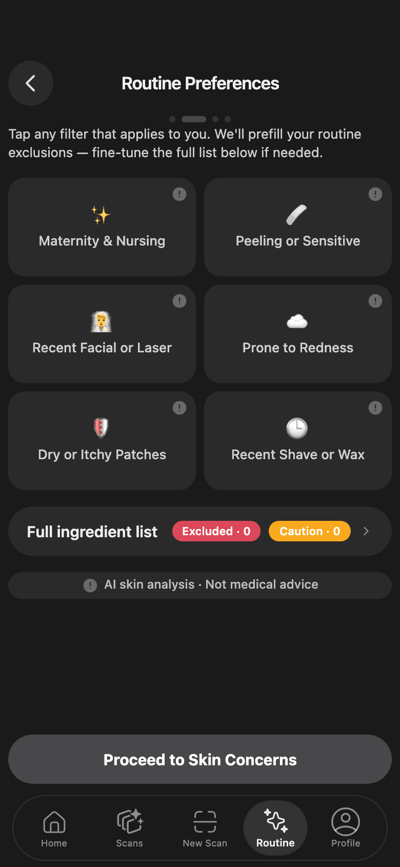 Routine Preferences — sensitivities and ingredient exclusions